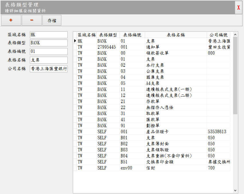 表格類型管理視窗