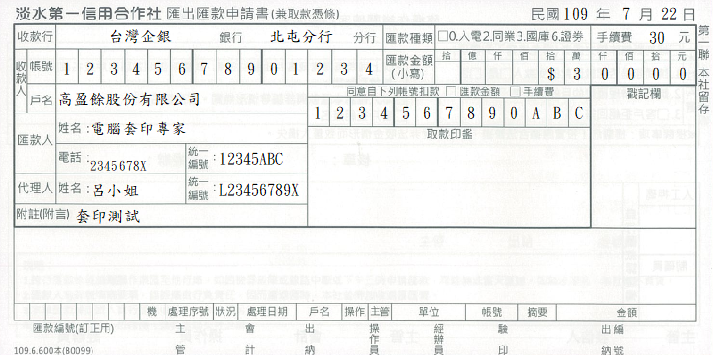 淡水第一信用-匯出匯款條(套印樣本)