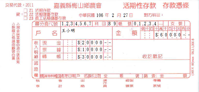 嘉義縣梅山鄉農會-活期性存款存款憑條(套印樣本)
